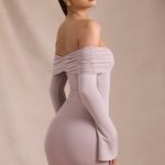 Modal-Cashmere Blend Off-Shoulder Ruched Mini Dress in Taupe - Image 6