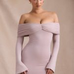 Modal-Cashmere Blend Off-Shoulder Ruched Mini Dress in Taupe - Image 7