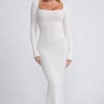 Ribbed Modal Long Sleeve Maxi Dress in White - Image 4