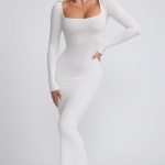 Ribbed Modal Long Sleeve Maxi Dress in White - Image 6