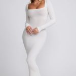 Ribbed Modal Long Sleeve Maxi Dress in White - Image 10