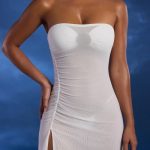 Asymmetric Ruched Bandeau Mini Dress in Ivory - Image 4