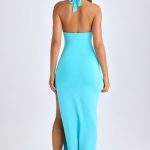 Modal High-Split Halterneck Maxi Dress in Aqua Blue - Image 2