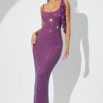 Embellished Draped Ruffle Maxi Dress in Plum
