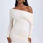 Modal Off-Shoulder Ruched Mini Dress in Ivory - Image 5