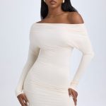 Modal Off-Shoulder Ruched Mini Dress in Ivory - Image 7