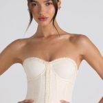 Ruched Lace-Up Strapless Corset Top in Ivory