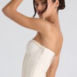 Ruched Lace-Up Strapless Corset Top in Ivory - Image 3