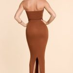 Strapless Ruched Modal Cashmere Blend Maxi Dress in Chestnut Brown - Image 2