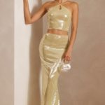 Sheer Sequin Keyhole Cut Out Halter Neck Crop Top in Pistachio - Image 6