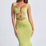 Ruched Hardware Detail Cut-Out Midaxi Dress in Olive Green