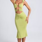 Ruched Hardware Detail Cut-Out Midaxi Dress in Olive Green - Image 5