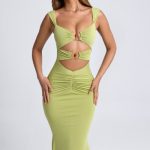 Ruched Hardware Detail Cut-Out Midaxi Dress in Olive Green - Image 6