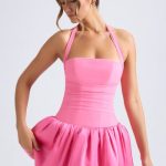 Halterneck Lace-Up Bubble Hem Corset Micro Mini Dress in Hot Pink