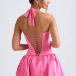 Halterneck Lace-Up Bubble Hem Corset Micro Mini Dress in Hot Pink - Image 2