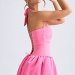 Halterneck Lace-Up Bubble Hem Corset Micro Mini Dress in Hot Pink - Image 3