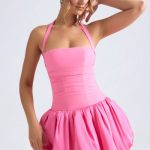Halterneck Lace-Up Bubble Hem Corset Micro Mini Dress in Hot Pink - Image 6