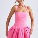 Halterneck Lace-Up Bubble Hem Corset Micro Mini Dress in Hot Pink - Image 7