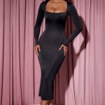 Cowl-Neck Long-Sleeve Midaxi Dress in Black - Image 5