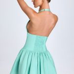 Pintucked Halterneck Mini Dress in Sea Green - Image 2