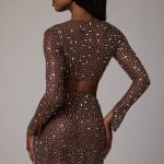 Sheer Embellished Long Sleeve Crop Top in Deep Cocoa - Image 2