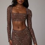 Sheer Embellished Long Sleeve Crop Top in Deep Cocoa - Image 8