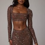 Sheer Embellished Long Sleeve Crop Top in Deep Cocoa - Image 9