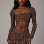 Sheer Embellished Long Sleeve Crop Top in Deep Cocoa - Image 10