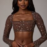 Sheer Embellished Long Sleeve Crop Top in Deep Cocoa - Image 11