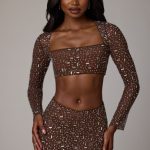 Sheer Embellished Long Sleeve Crop Top in Deep Cocoa - Image 12