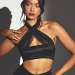 Taffeta Halter Neck Crop Top in Jet Black