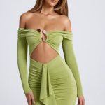 Hardware Detail Off-Shoulder Cut-Out Mini Dress in Olive Green