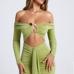 Hardware Detail Off-Shoulder Cut-Out Mini Dress in Olive Green - Image 5