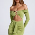 Hardware Detail Off-Shoulder Cut-Out Mini Dress in Olive Green - Image 6