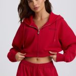 Cropped Zip-Up Hoodie in Hot Red
