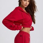 Cropped Zip-Up Hoodie in Hot Red - Image 3