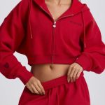 Cropped Zip-Up Hoodie in Hot Red - Image 4