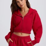 Cropped Zip-Up Hoodie in Hot Red - Image 8