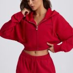 Cropped Zip-Up Hoodie in Hot Red - Image 9