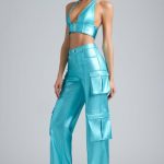 Metallic Denim Cargo Trousers in Aqua