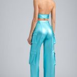 Metallic Denim Cargo Trousers in Aqua - Image 2
