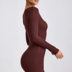 Ribbed Modal Long Sleeve Mini Dress in Chocolate - Image 3