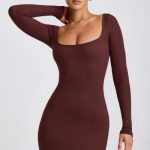 Ribbed Modal Long Sleeve Mini Dress in Chocolate - Image 5