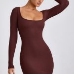 Ribbed Modal Long Sleeve Mini Dress in Chocolate - Image 6