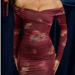 Off-Shoulder Ruched Mini Dress in Maroon Floral Print - Image 2