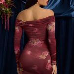 Off-Shoulder Ruched Mini Dress in Maroon Floral Print - Image 3