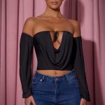 Off-Shoulder Draped Balloon-Sleeve Top in Black - Image 7