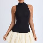 Turtleneck Drop-Waist Bubble Hem Mini Dress in Black