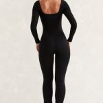 Long Sleeve Square Neck Jumpsuit in Black - Image 2