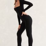 Long Sleeve Square Neck Jumpsuit in Black - Image 3